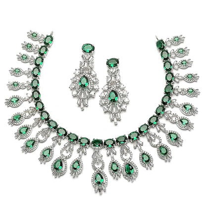 Rhodium-Plated American Diamond Studded Oval & Teardrop Shaped Necklace With Earrings Jewellery Set For Girls and Women