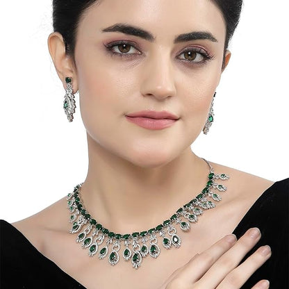 Rhodium-Plated American Diamond Studded Oval & Teardrop Shaped Necklace With Earrings Jewellery Set For Girls and Women