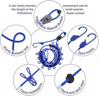 Cloths hanging/drying wireline with 12 pcs attached clips