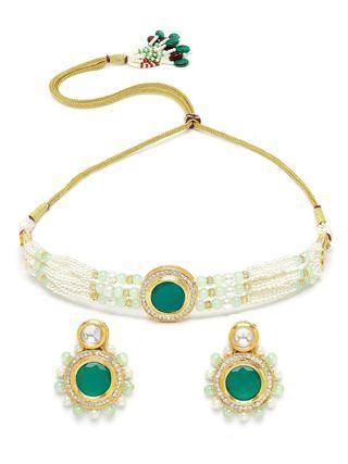 Gold plated Lime Green Beads and Pearl Beaded Green Polki Kundan Choker Necklace Set