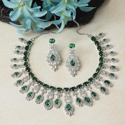 Rhodium-Plated American Diamond Studded Oval & Teardrop Shaped Necklace With Earrings Jewellery Set For Girls and Women