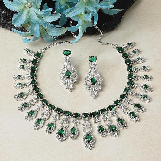 Rhodium-Plated American Diamond Studded Oval & Teardrop Shaped Necklace With Earrings Jewellery Set For Girls and Women