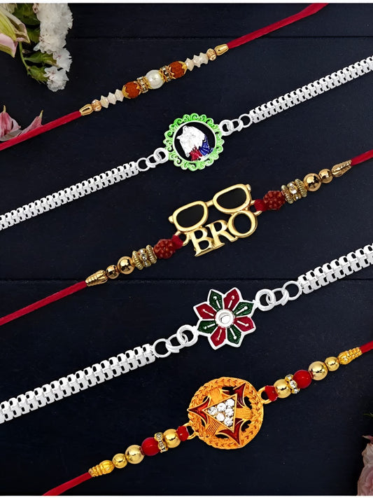 Premium Rakhi Set with Silver Plated Coin, Roli Chawal & Greeting Card (Pack of 5)