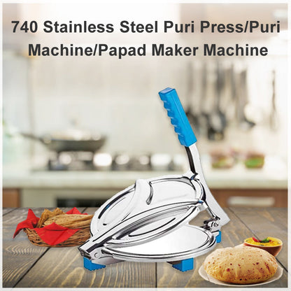 Convenient puri press machine for flattening dough, made of stainless steel.