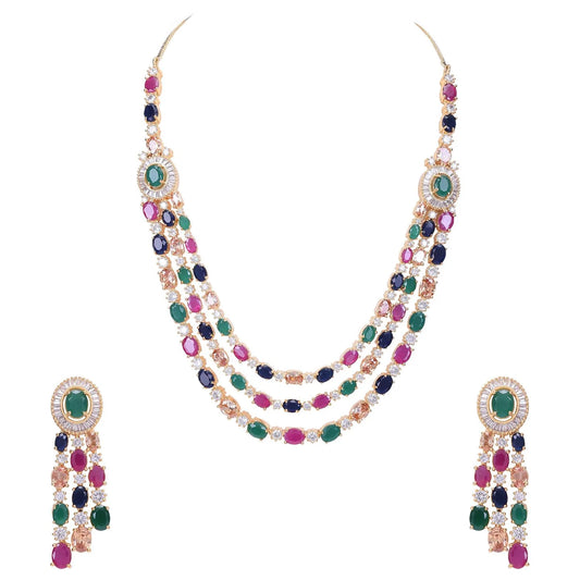 American Diamond Multicolor Fashion Jewelry Set Multi-Layer Necklace with Matching Earrings 💎